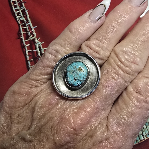 Native American Jewelry - Native American Vintage Sterling Silver and Turquoise Statement Ring Size 8